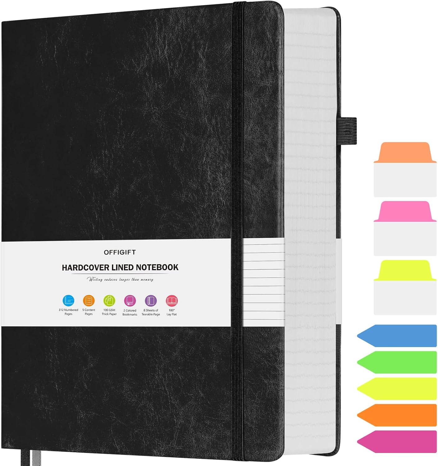 Lined Journal Notebook, Large A5 College Ruled Notebook, 312 Numbered Pages Work Notebook with Index Stickers, 100gsm Thick Paper, Hardcover Vegan Leather Journal for Women Men School Office, Black