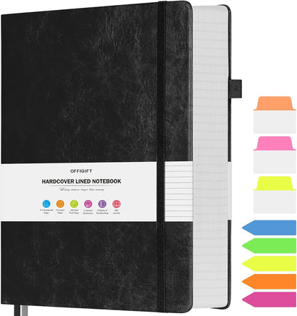 Lined Journal Notebook, Large A5 College Ruled Notebook, 312 Numbered Pages Work Notebook with Index Stickers, 100gsm Thick Paper, Hardcover Vegan Leather Journal for Women Men School Office, Black