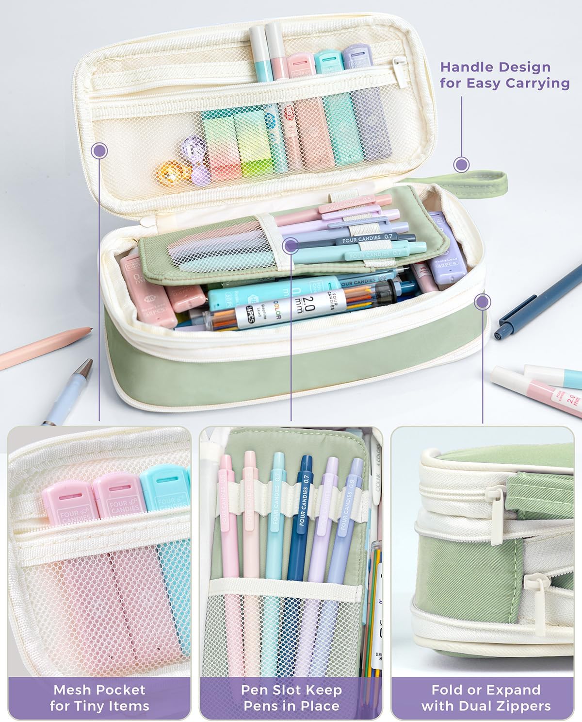 Four Candies 42PCS Aesthetic School Supplies, Mechanical Pencil Set 0.5mm, 0.7mm, 0.9mm, 2.0mm with 696 Lead Refills, Pastel Mechanical Pencils for Writing, Drawing & Drafting (Cream)