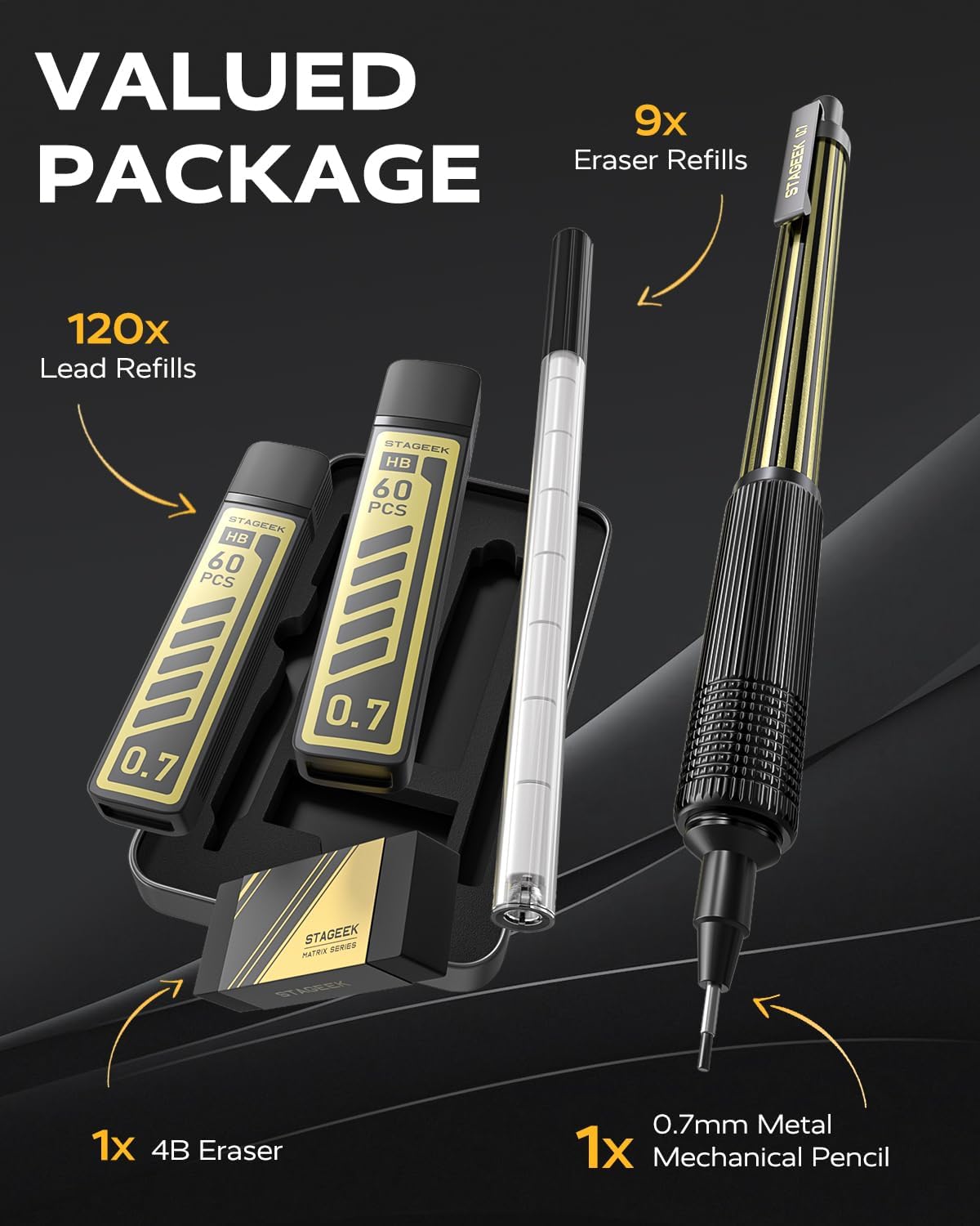 STAGEEK 0.7mm Mechanical Pencil with Metal Gift Case, 1PCS Metal Mechanical Pencil with 120Pcs HB Lead Refills,4B Erasers and 9PCS Eraser Refills, for Writing Drafting Drawing and Sketching(Gold)