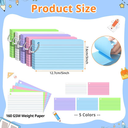 Index Cards 3x5 Inches, 300 PCS, Colored Flash Cards With Ring, Punched Lined Study Card Ruled Flashcards Notecards, Ruled Front And Blank Back, Note Card for School, College And Home