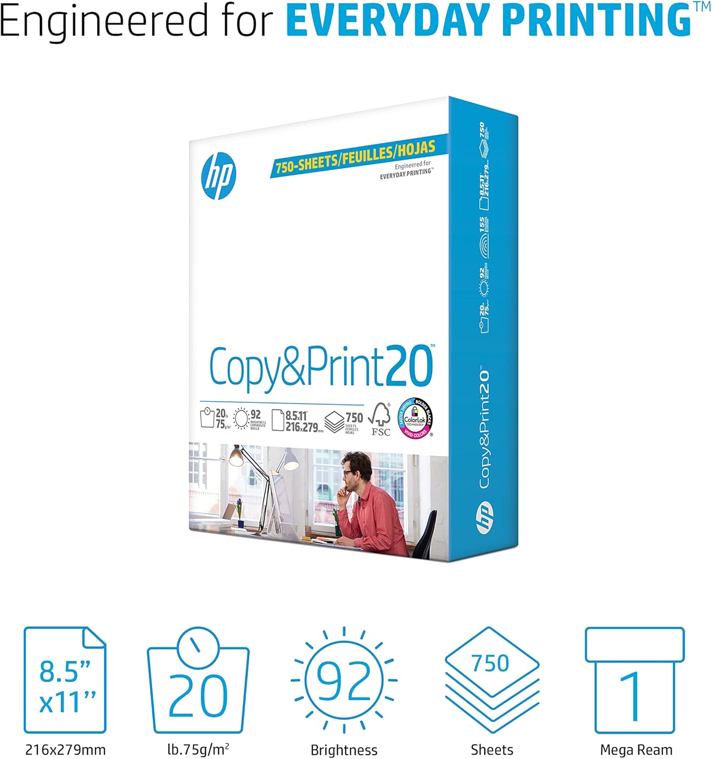 HP Printer Paper | 8.5 x 11 Paper | Copy &Print 20 lb | 1 Ream Case - 500 Sheets| 92 Bright | FSC Certified | 200060