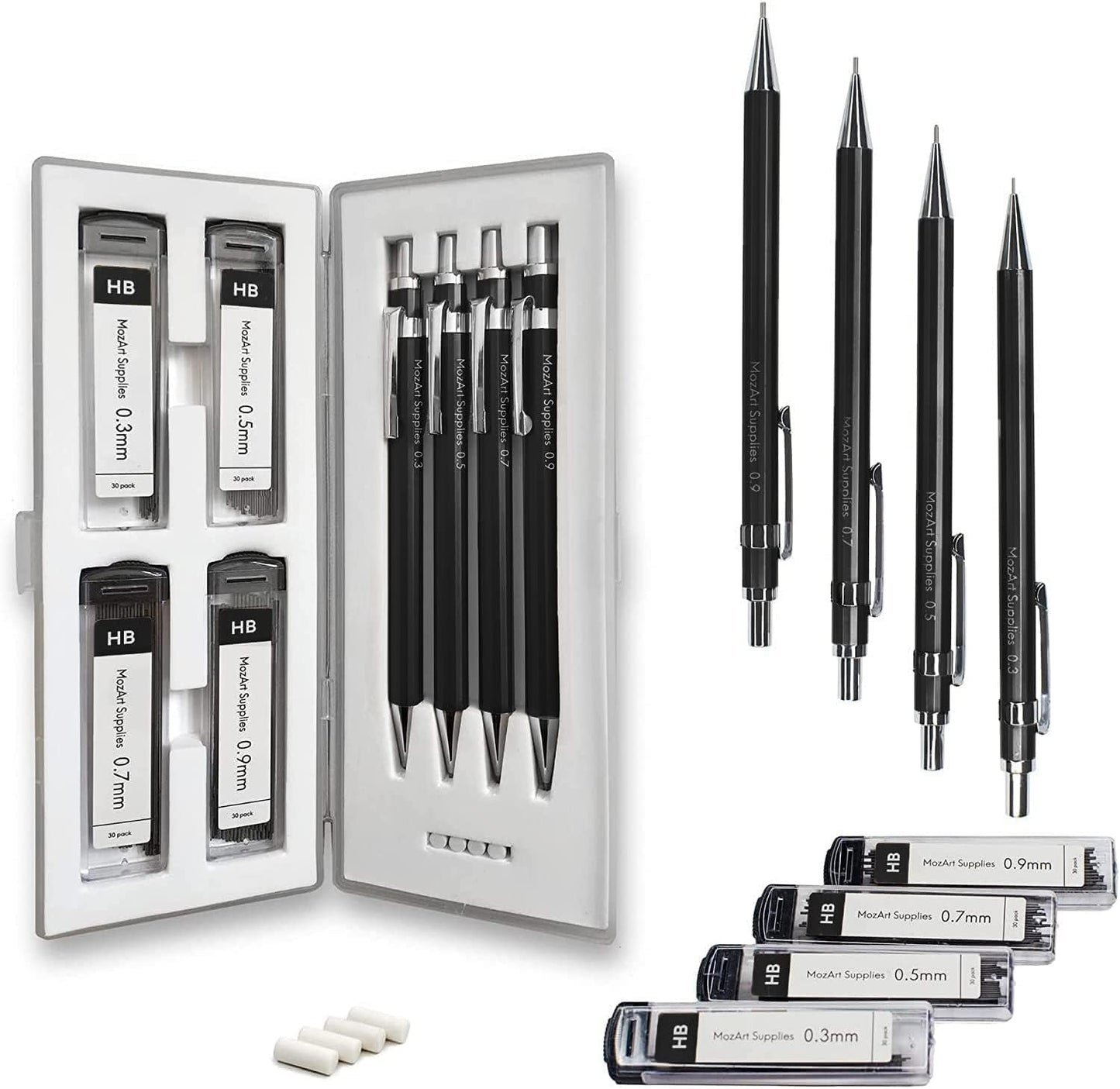 Mozart Essential Set of Lead Refills - 4 Sizes: 0.3, 0.5, 0.7 & 0.9 mm with 100 HB Lead Refills for Each - for Sketch, Architecture, Drafting, Art, Drawing Supplies, Metal Mechanical Pencils