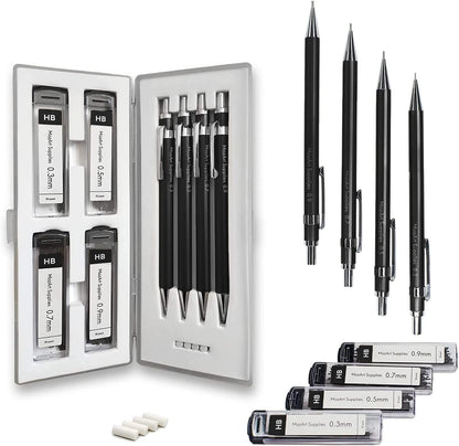 Mozart Essential Set of Lead Refills - 4 Sizes: 0.3, 0.5, 0.7 & 0.9 mm with 100 HB Lead Refills for Each - for Sketch, Architecture, Drafting, Art, Drawing Supplies, Metal Mechanical Pencils