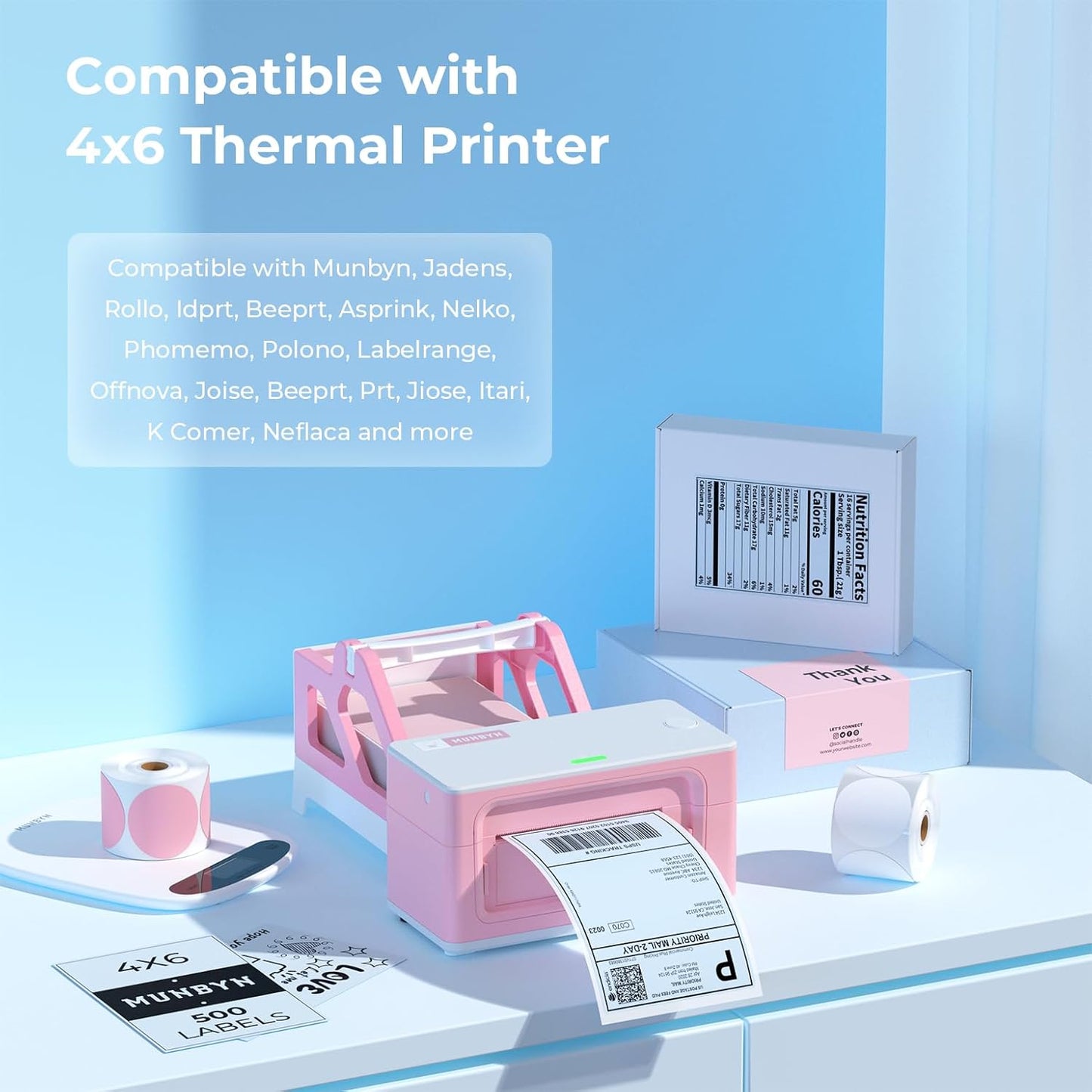MUNBYN Thermal Direct Shipping Label (Pack of 500 4x6 Per Fanfold Labels) - Commercial Grade