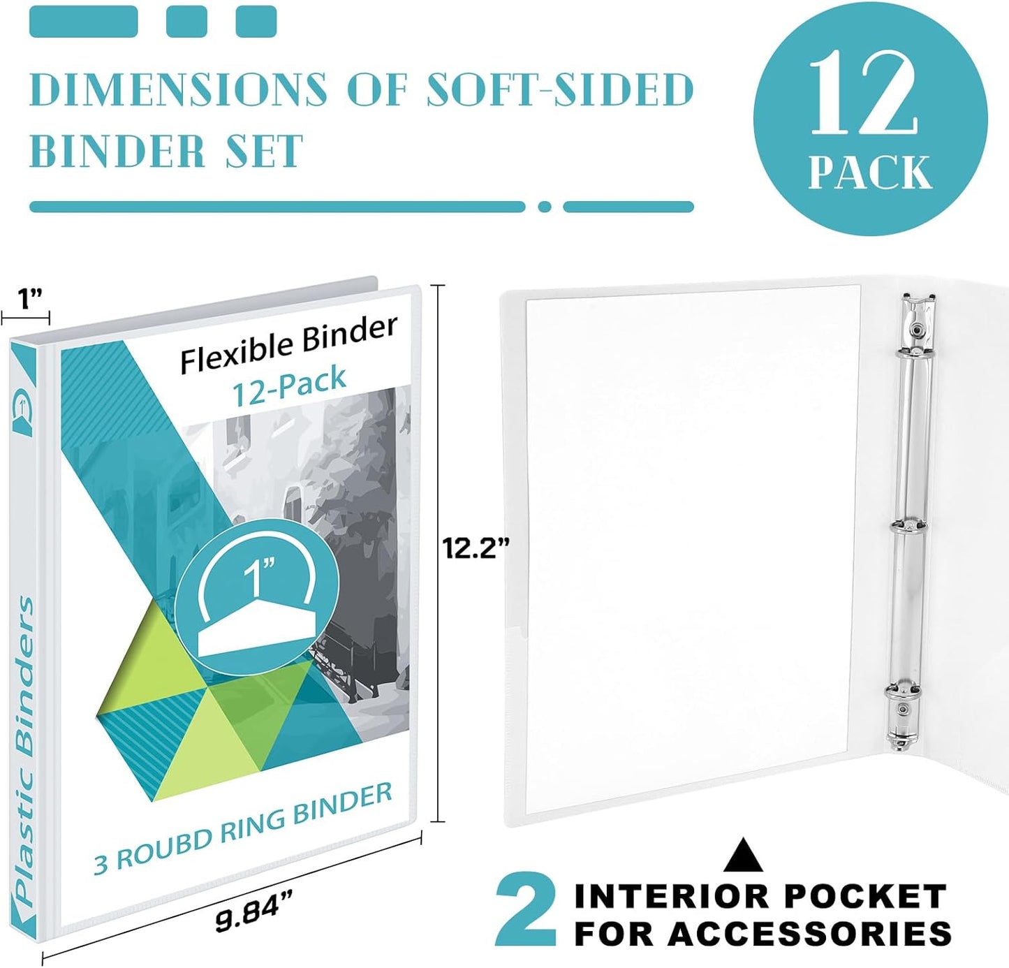 Fulmoon 12 Pcs Economy View 3 Ring Plastic Binder 12.2 x 9.8 Inch Plastic Round Ring Binders with Pockets Notebinder for Meetings for Home, Office, School(White, 1/2 Inch)
