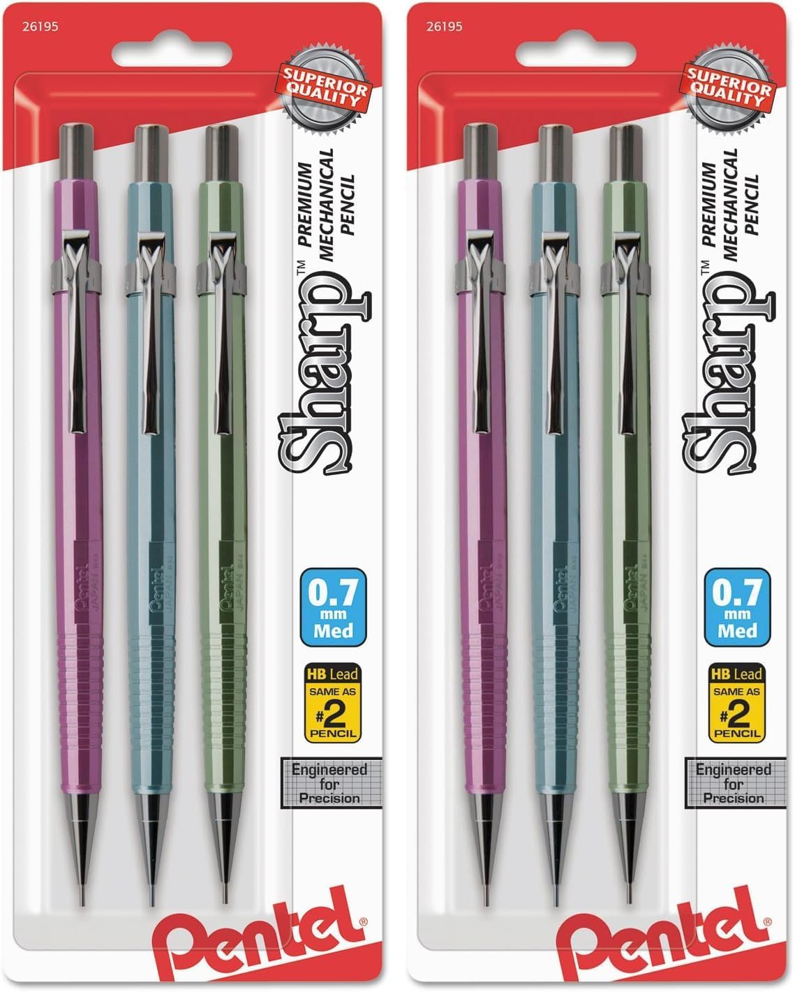 Pentel Sharp Mechanical Pencil, (0.7mm), Medium Line, Metallic Barrel, Assorted Colors, Pack of 3 (P207MBP3M1)