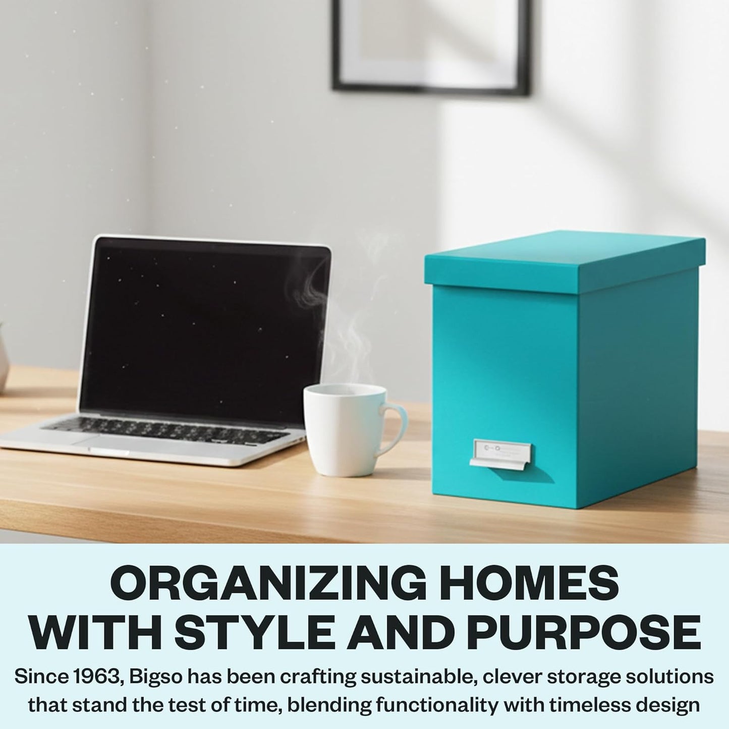 Bigso John Fiberboard Label Frame Desktop File Storage Box - Document Organizer for Important Paperwork - Durable Hanging File Box with a Lid & Metal Label Window - 7.36 x 13.38 x 10.51 in - White