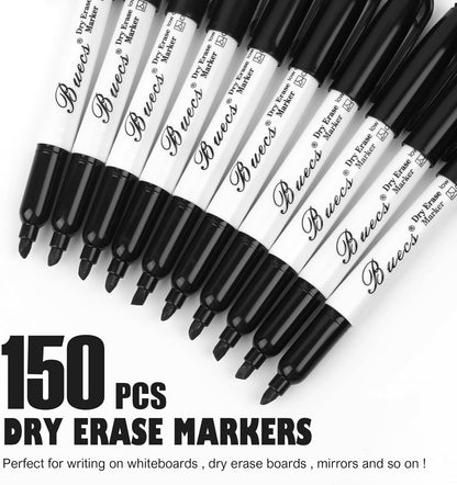 Buecs Black Dry Erase Markers, Low-Odor, 150 Count, Chisel tip, Perfect for Writing on Whiteboards, Dry-Erase Boards, Glass, School Office Supplies