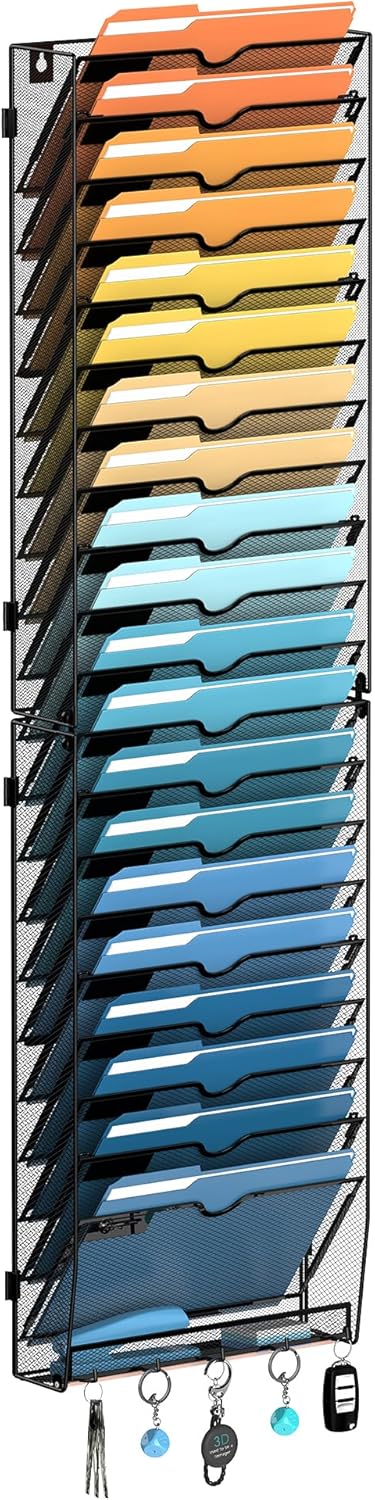 SUPEASY 7-Tier Mesh Wall File Holder, Hanging Wall File Organizer, Office Organization for Papers, Mails, Folders, Files Clipboard Magazine Rack, Black