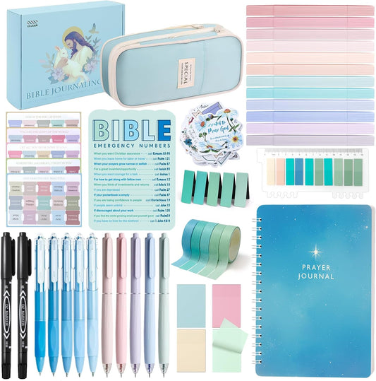 XKDOUS Bible Study Supplies Journaling Kit, Morandi Colored Bible Study Kit Journaling Supplies with 12 Pastel Highlighter and 90 Index Tabs Set, 5 Smooth Pens and More, Christian Gifts for Women