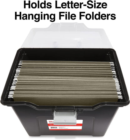 STAPLES File Folder Tote, Portable Filing Box for Letter SIze Hanging Folders, Security Latch & Built-In Lid Organizer, Black/Clear