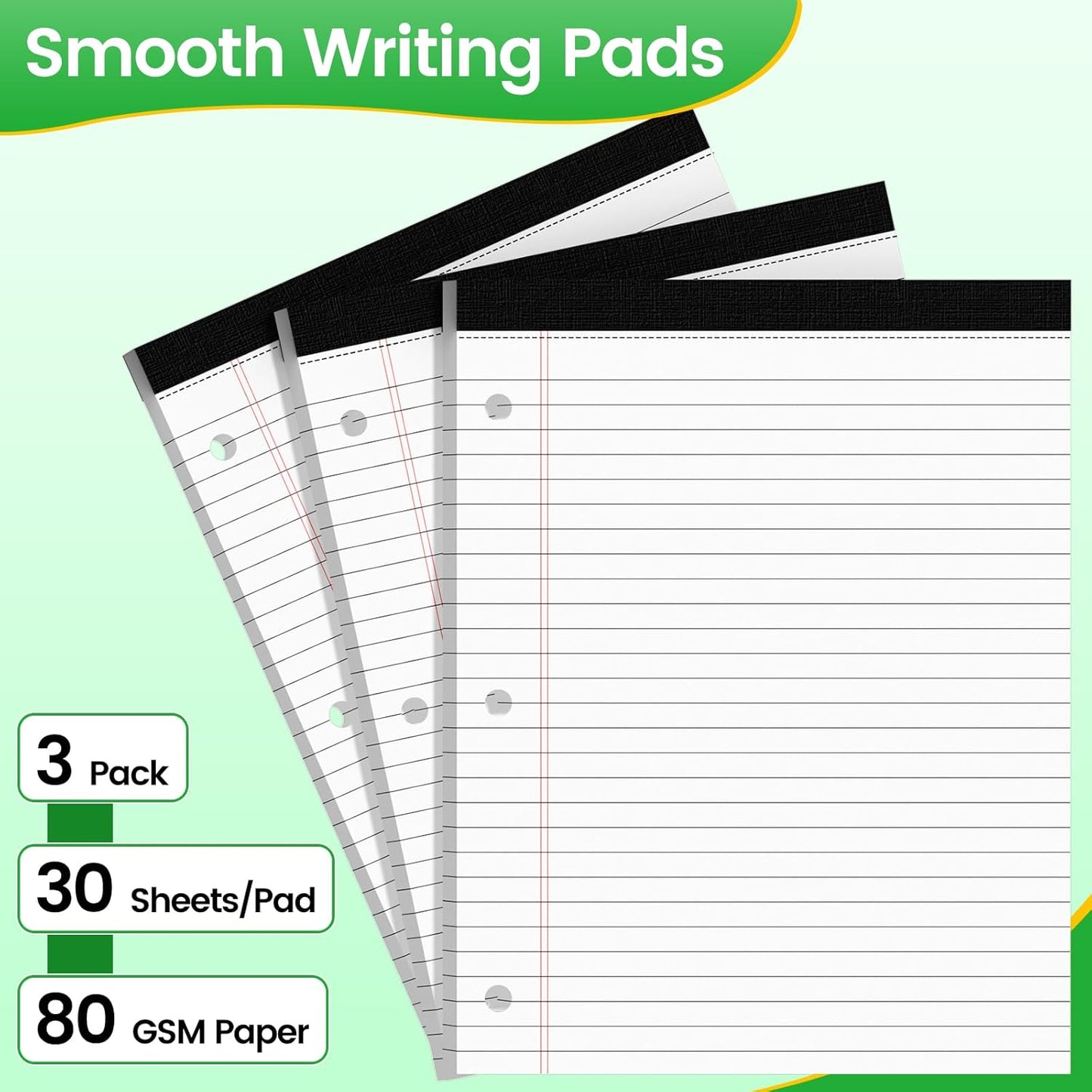 3 Hole Legal Pad 8.5 x 11, 3 Pack White Note Pads, Notebook Paper Wide Ruled, Writing Paper Pads, Notepads with Binder Holes, Lined Paper 8.5x11, Ideal for School, Home, Office, 30 Sheets/Pack