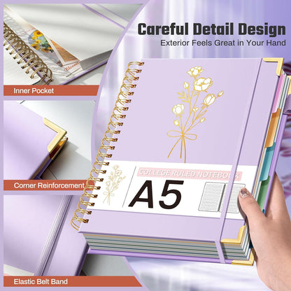 Hardcover Spiral Notebooks 8.5" X 11" Note Taking 5 Subject Notebook College Ruled with Dividers 240 Pages 100GSM Aesthetic Spiral Notebook for Work School Cute Journals for Women Writing