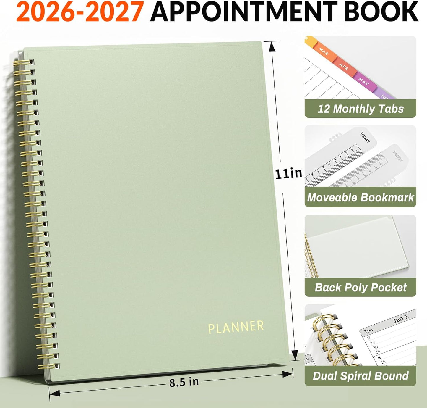 SUNEE 2026-2027 Appointment Book, Quarter-Hourly, Weekly & Monthly - from July 2026 to June 2027, 8.5"x11" Academic Planner, Flexible Cover, Note Pages, Bookmark, Spiral Binding, Black