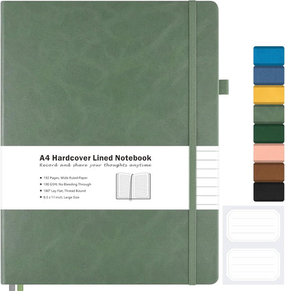 College Ruled Notebook, A4 Hardcover Leather Notebook for Work, Lined Notebook Journal for Women, Men, 192 Thick Paper, Lay Flat, Large Notebook with 2 Pockets, Professional Business Notebook, Black