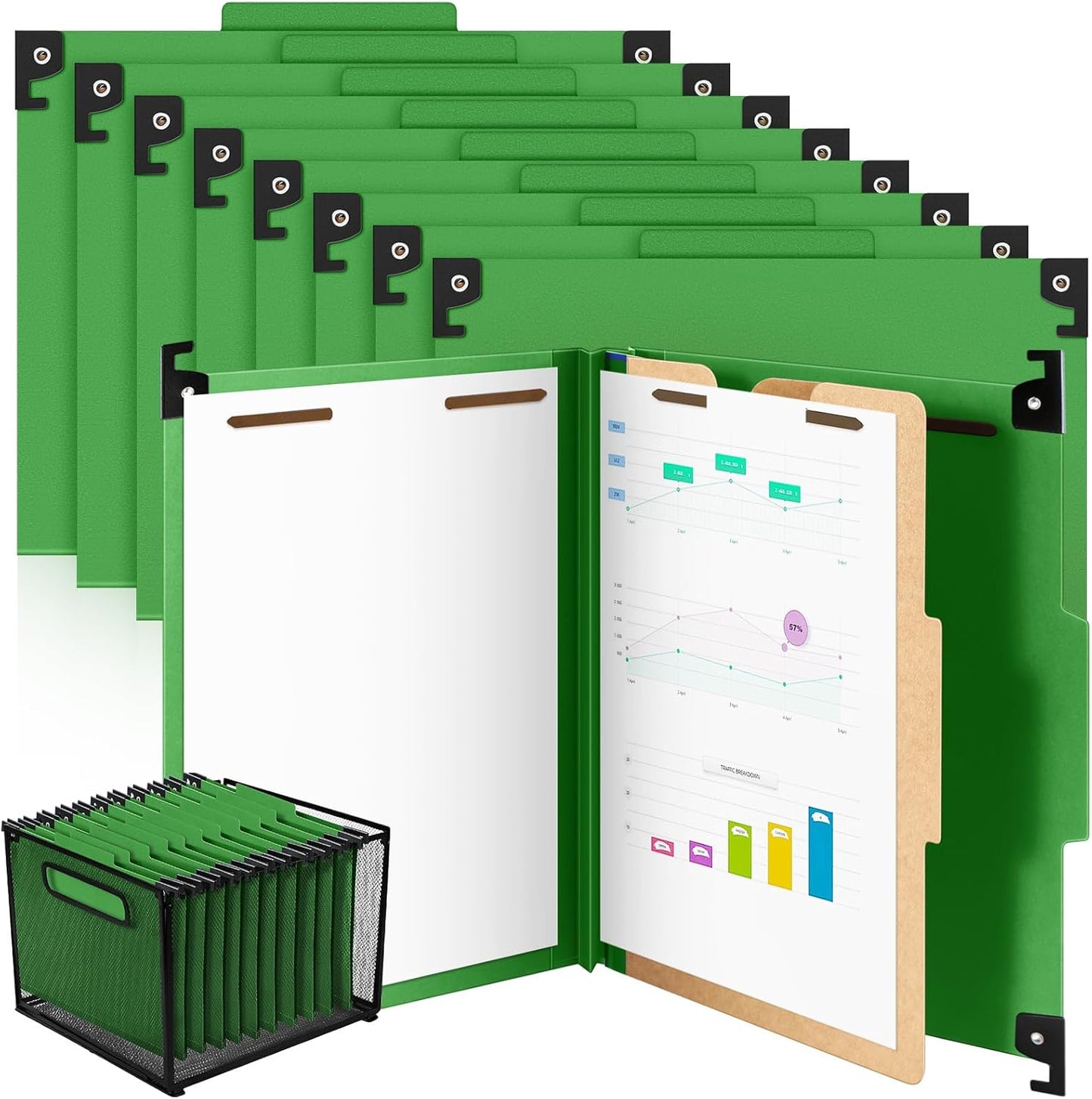 Henoyso 10 Pcs Hanging Classification Folders Bulk with 2 Prongs, 1 Divider Letter Size, 2 Inch Expansions Pressboard File Folder, 1/3-cut Tab File Organizer (1 Divider,Green)