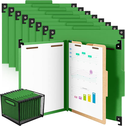 Henoyso 10 Pcs Hanging Classification Folders Bulk with 2 Prongs, 1 Divider Letter Size, 2 Inch Expansions Pressboard File Folder, 1/3-cut Tab File Organizer (1 Divider,Green)