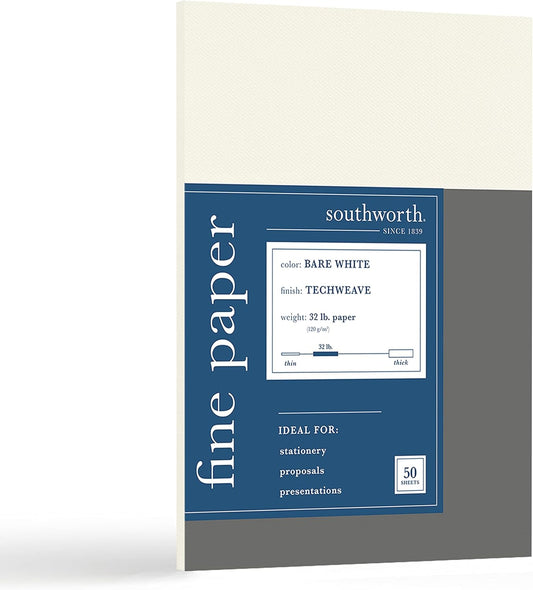 Southworth Fine Business Paper, 8.5" x 11", 32 lb., Techweave Finish, Barewhite, 50 Sheets (91596-01)