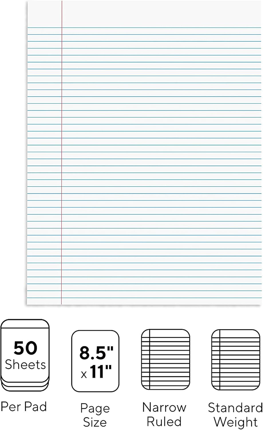 STAPLES Notepads, 8.5” x 11”, Narrow Ruled, White, 50 Sheets/Pad, 12‑Pack