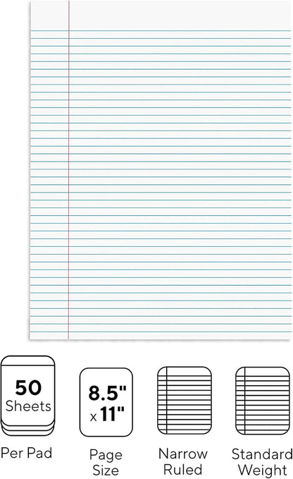 STAPLES Notepads, 8.5” x 11”, Narrow Ruled, White, 50 Sheets/Pad, 12‑Pack
