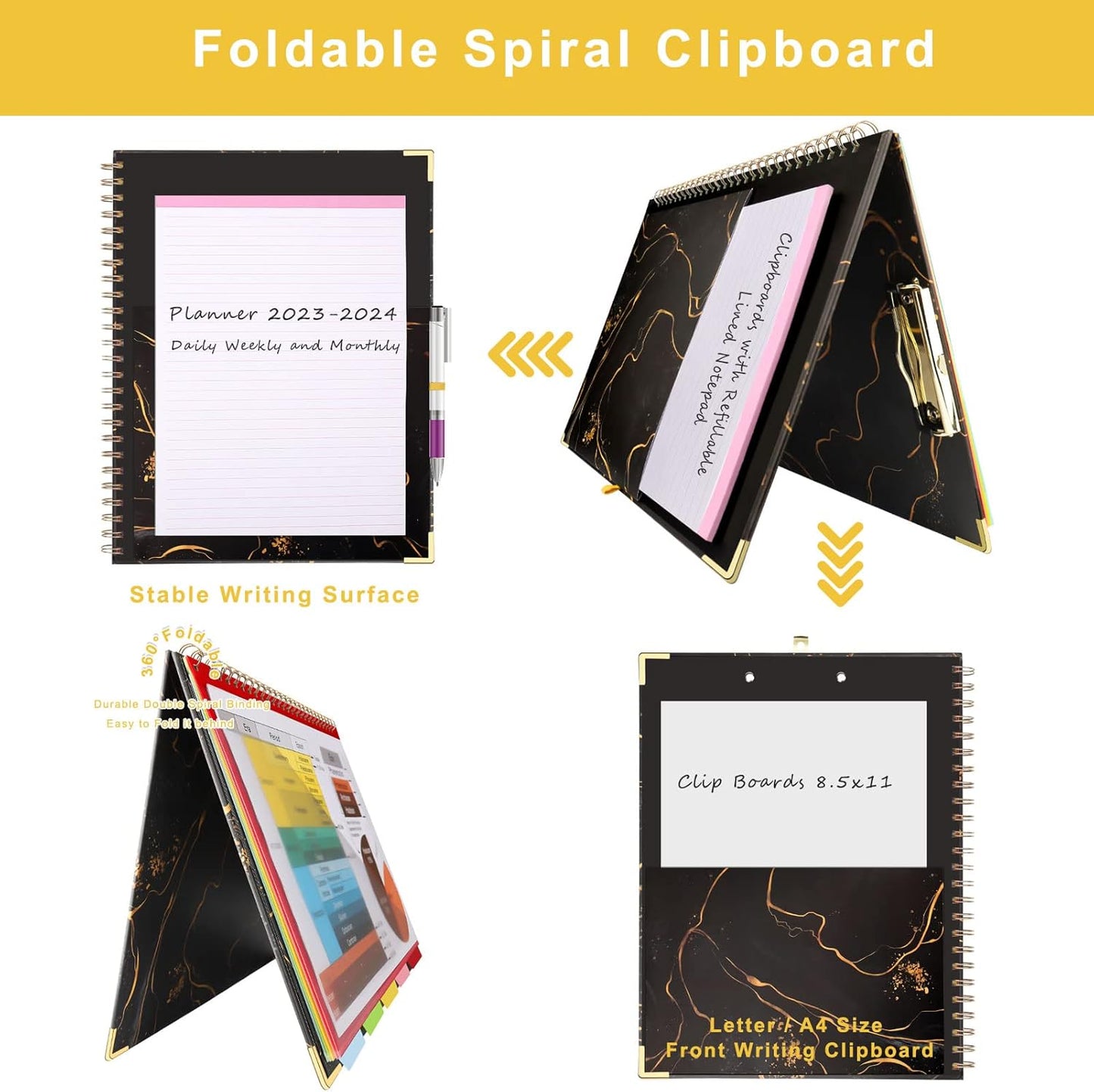 Foldable Spiral Clipboard Folio with Refillable Lined Notepad,5 Plastic Folders with 10 Pockets,Storage Clipboard Folder with Labels,Clipboards with Storage for Office Planner Clip Board-Pale Blue