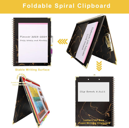 Foldable Spiral Clipboard Folio with Refillable Lined Notepad,5 Plastic Folders with 10 Pockets,Storage Clipboard Folder with Labels,Clipboards with Storage for Office Planner Clip Board-Pale Blue