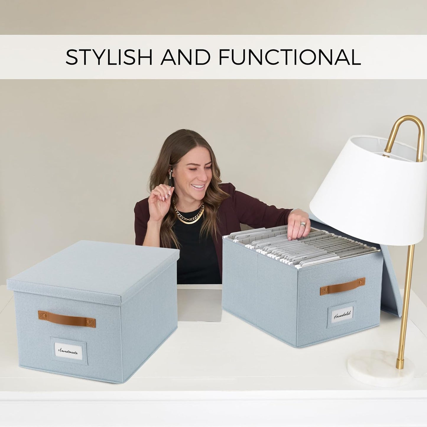 ZICOTO Decorative File Organizer Box Set of 2 - Collapsible Linen Filing Cabinets with Handles Are Perfect to Store All Your Documents & Hanging File Folders - Portable Easy Slide Crates with Lid