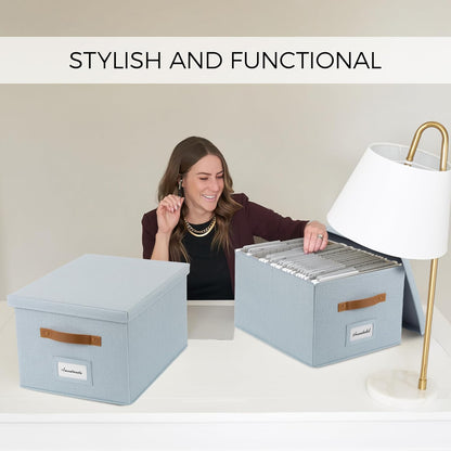 ZICOTO Decorative File Organizer Box Set of 2 - Collapsible Linen Filing Cabinets with Handles Are Perfect to Store All Your Documents & Hanging File Folders - Portable Easy Slide Crates with Lid