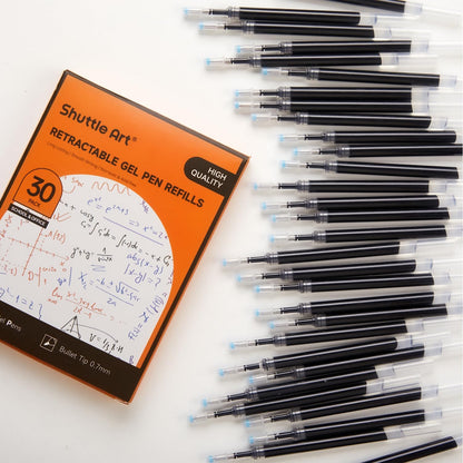 Retractable Gel Pen Refills, Shuttle Art 30 Pack Black Rollerball Gel Ink Pens Refills, Bulk Set, 0.7mm Fine Point for Writing Journaling Taking Notes School Office Home