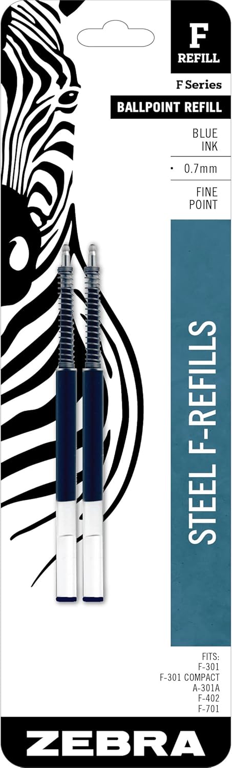 Zebra Pen Steel, F-Refill Ballpoint Ink Refills, 0.7mm Fine Point, Black Ink, Fits Zebra F-301, F-402, and F-701 Ballpoint Pens, Smooth Writing Performance, 2-Pack (85512)