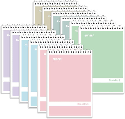 SUNEE 12 Pack Steno Pads 6x9 Inch, Gregg Rule, 60 Sheets, 6 Assorted Color Top Spiral Notebook, White Paper for School, University, College, Work and Office