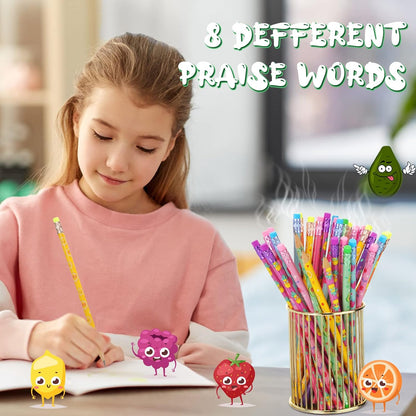Leinuosen 48 Pcs Scented Pencils for Kids Cute Motivational Colorful Fun Wood HB Pencils Bulk with Erasers Fruit Elements for School Office Classroom Student