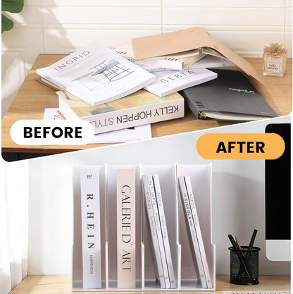 CiWiVOKi Vertical Magazine File Holder, Desk Organizer and Storage for Magazines, Binders, Notebooks, Envelopes, Multi-Purpose Desktop File Organizer for Home, Office & Classroom, 4 Pack, White