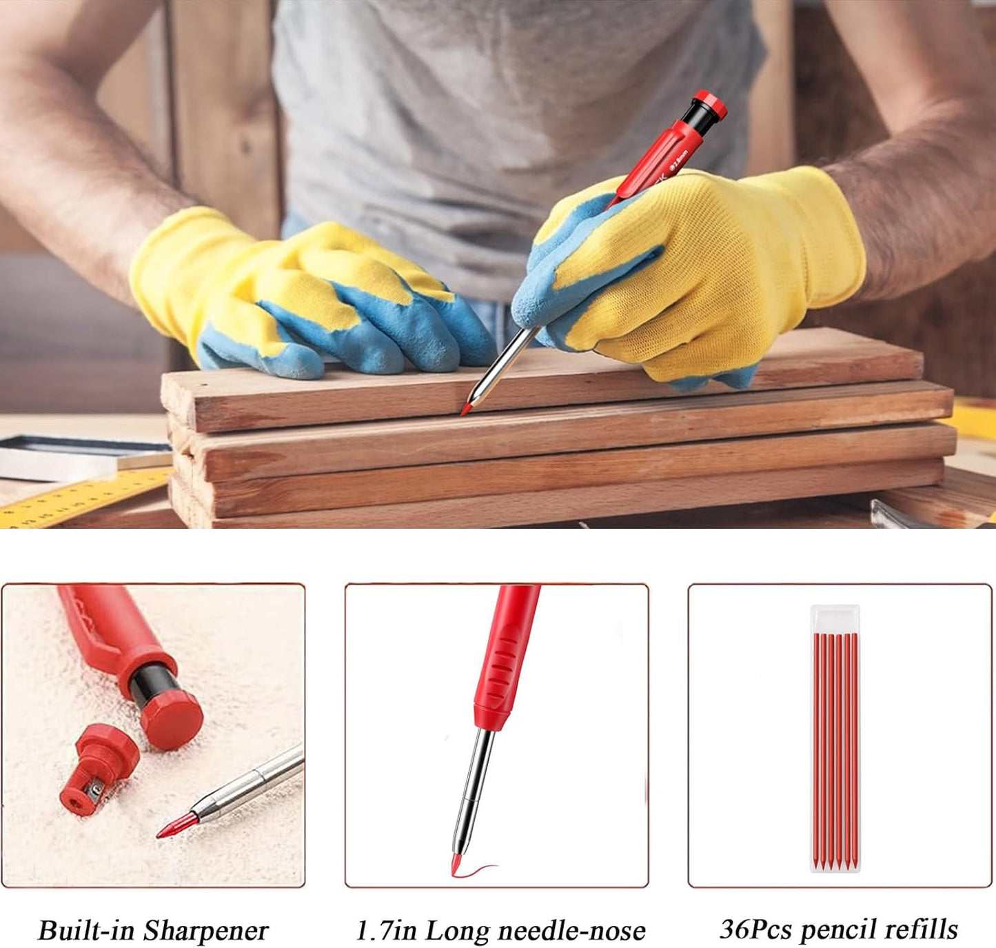 TuTuYa 36 Pencil Refill with 1 Solid Carpenter-Pencil, 2.8mm Waterproof Lead Refills Replacement, with Sharpener, Long Reach/Deep Hole/Long Nose for Architect &Carpenter Woodwork Construction Building