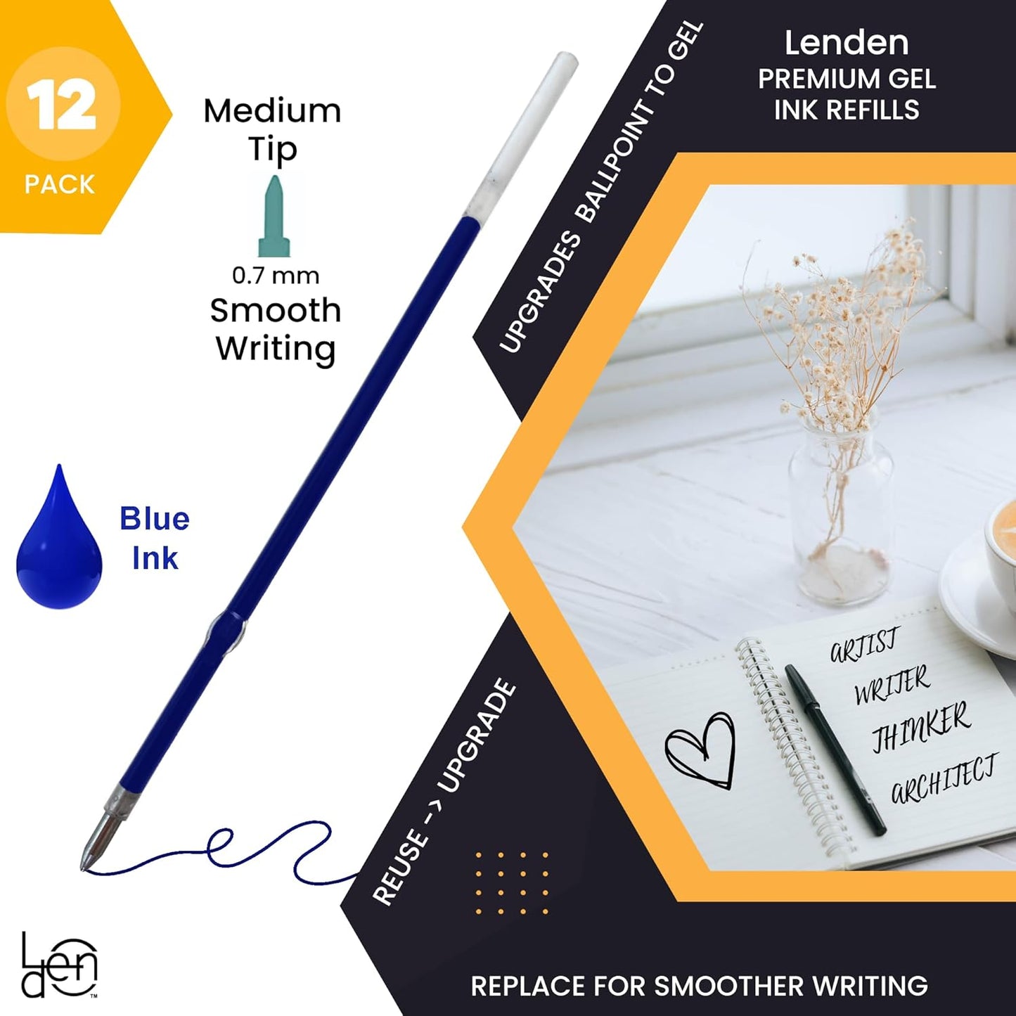 Pack of 12 Gel Ink Refill for Retractable Pens, Medium Tip Point 0.7mm, Black Ink, Fits Retractable Pen, Universal Size Refill, 115mm/11.5cm/4.5 inches (Black, 115mm)