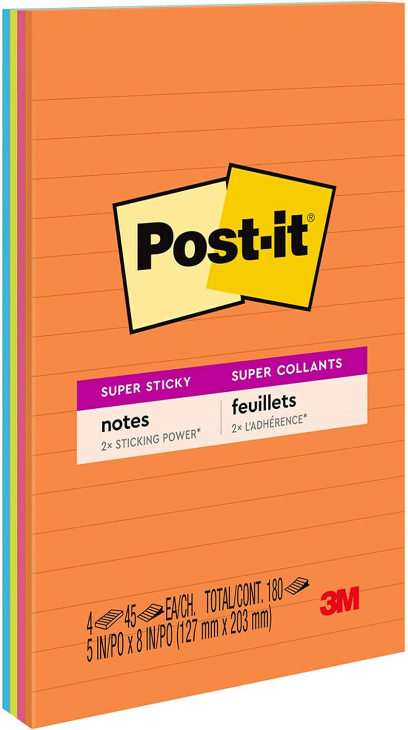Post-it Super Sticky Lined Notes, 4 Sticky Note Pads, 5 x 8 in., School Supplies, Office Products, Sticky Notes for Vertical Surfaces, Monitors, Walls and Windows, Energy Boost Collection