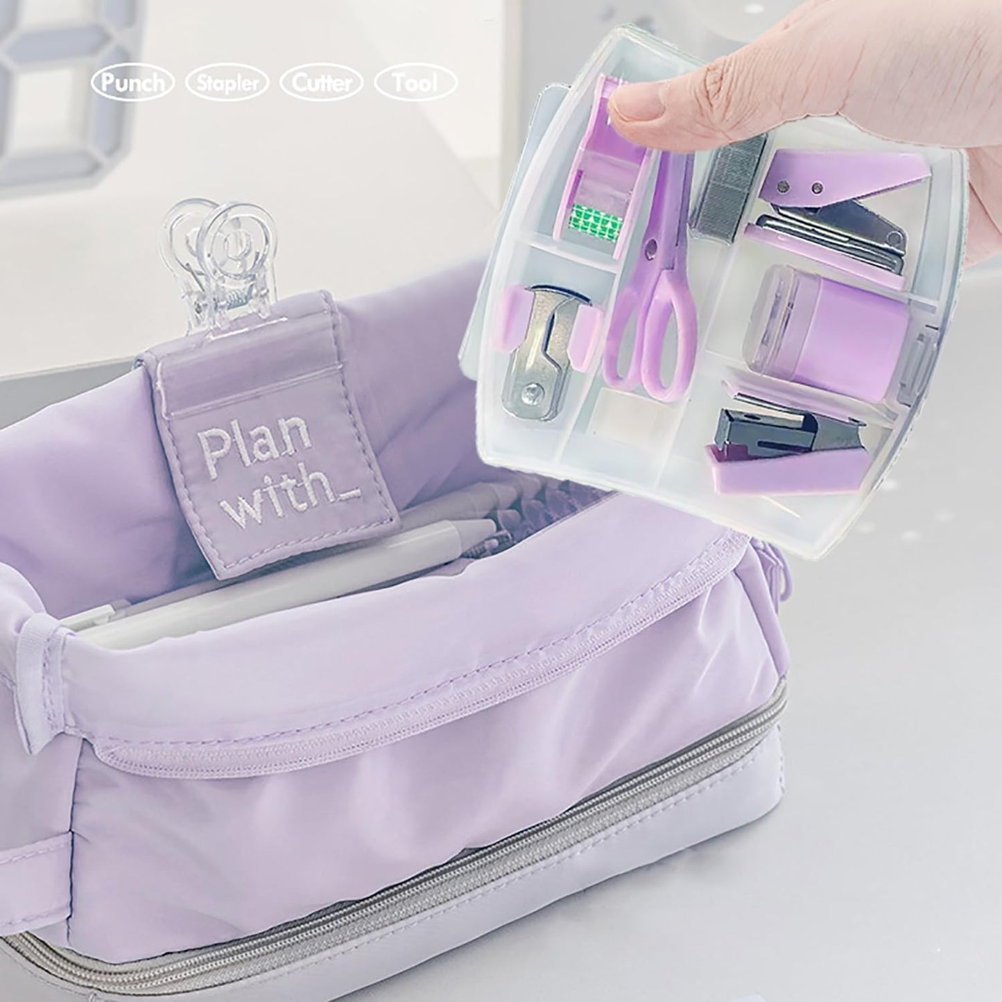 8 Pack Mini Office Supply Kit Portable Case with Scissors,Tape Dispenser Set, Punch,Pencil Sharpener, Mini Stapler with Staples and Staple Remover (Pink)