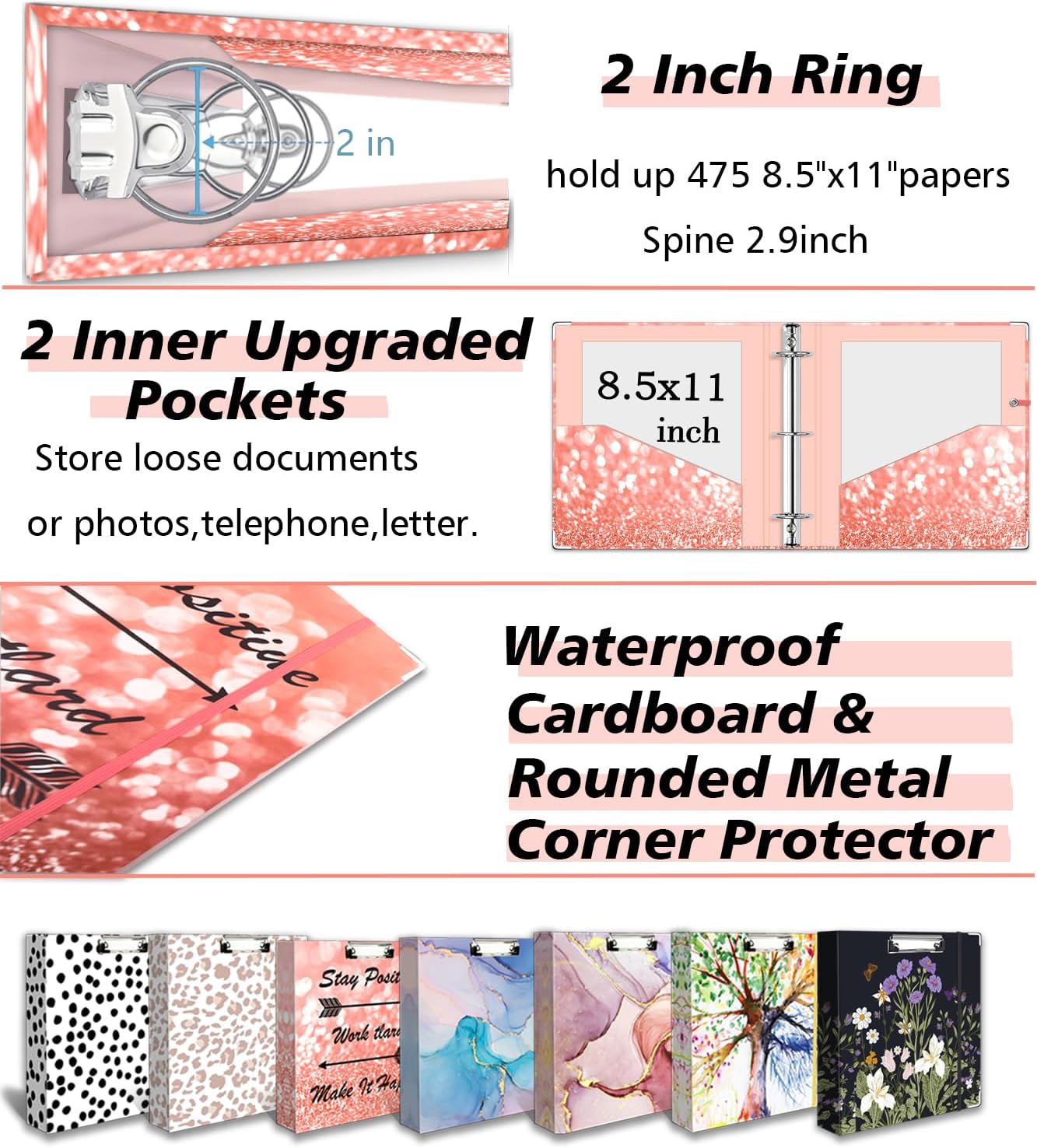 3 Ring Binder 1 Inch, Three Ring Binders Organizer with Clipboard, 5-Tabs Pockets Dividers, Plastic Folder, 18 Divider Stikers, BVSSX Pretty Binder with Pen Loop (Black Weeds, Letter Size)