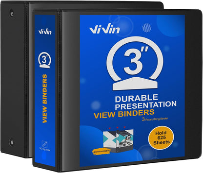 3 Ring Binder 1-1/2 Inch, ViVin Sturdy 1.5"-Round Ring Binder with 2 Interior Pockets, Clear View Cover, PVC-Free, Fits 300 Sheets of 8.5'' x 11'' Paper, Office Home School (6 Pack, White)