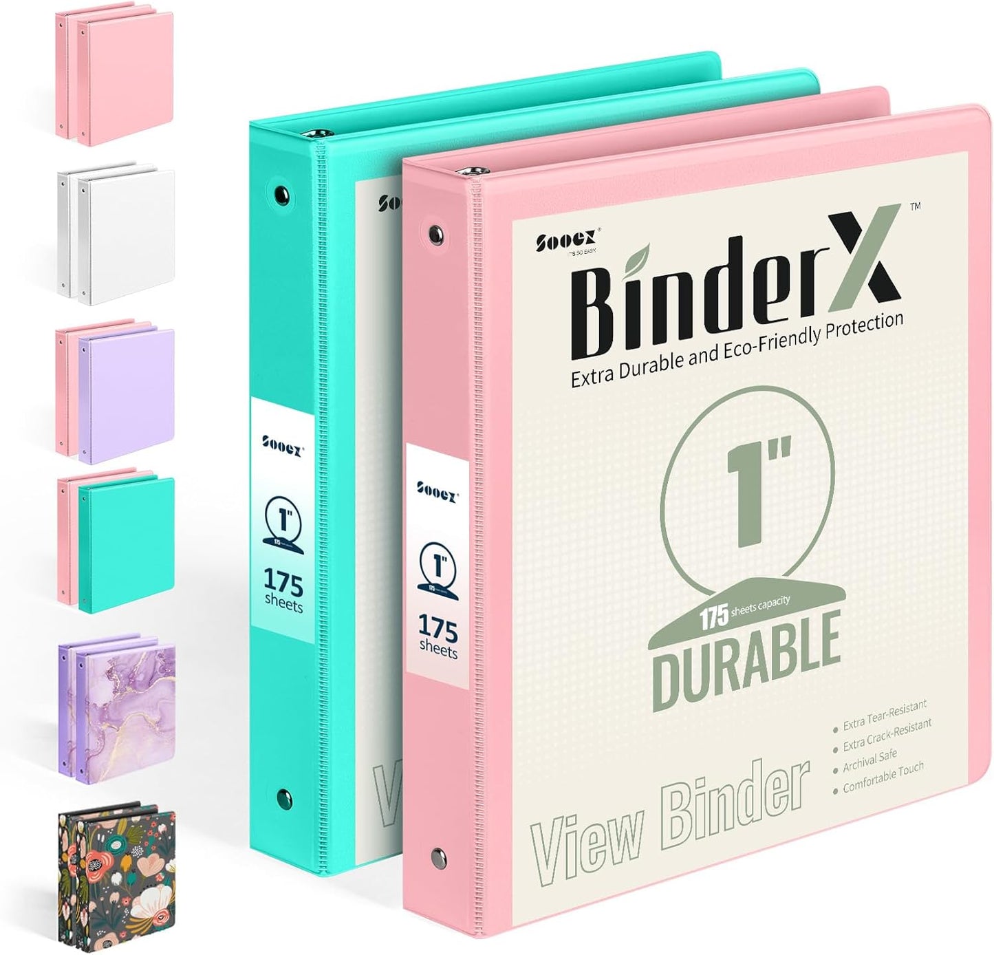 2 Pack BinderX Extra Durable 3 Ring Binder, 1 Inch Binder Round Rings, Fits 350 Sheets of 8.5x11 Paper, Customizable View Cover with Inside Pockets, Cute 1 Inch Binders 3 Ring, Pink & Purple