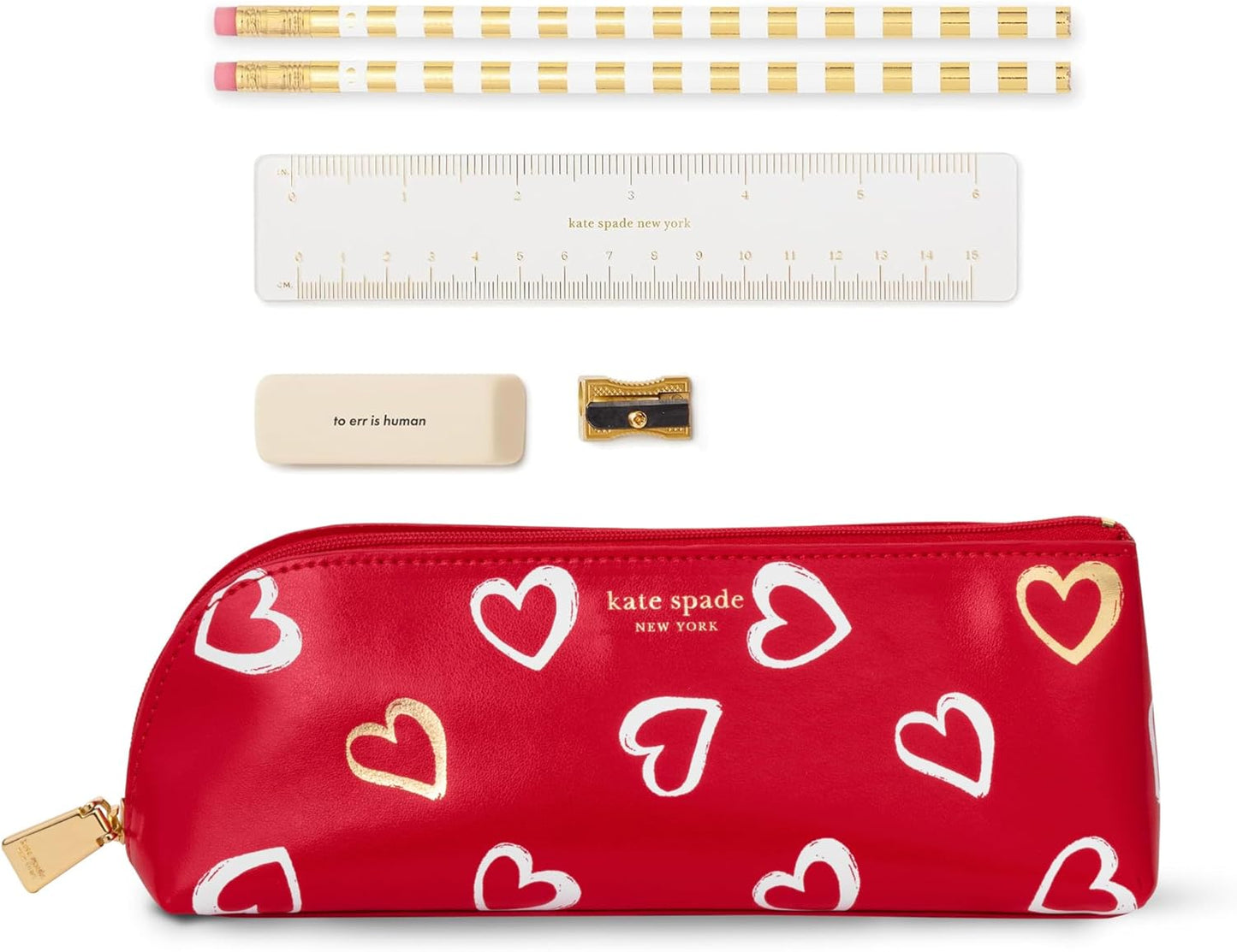 kate spade new york Pen and Pencil Case with Office Supplies, Zip Pouch Includes 2 Pencils, Sharpener, Eraser, and Ruler, Polka Dots (black/white)