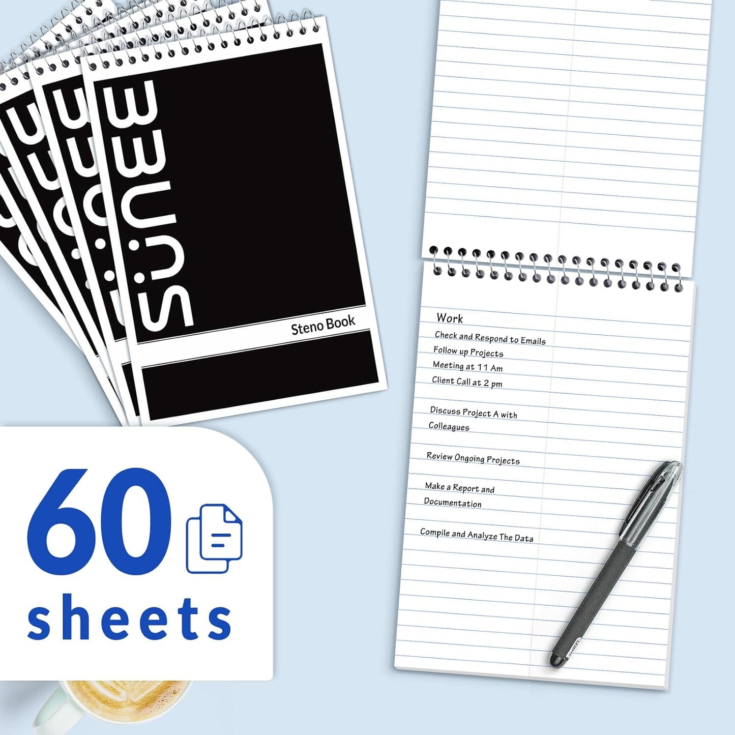 SUNEE 10 Pack Steno Pads 6x9, Gregg Rule, 60 Sheets, Spiral Notebook 6x9, White Paper, Take Notes with Top Spiral Notebook, for School, University, College, Work, Office, Classic Color