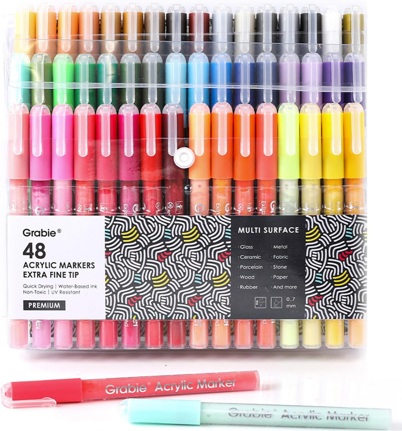 Grabie Black & White Extra Fine Tip Acrylic Paint Marker Set, 6 Pack, 0.7mm Acrylic Paint Pens for Highlights and Fine Details on Drawings, Rock Painting Glass Canvas Wood, White Highlight Markers