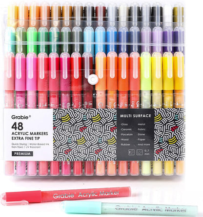 Grabie Black & White Extra Fine Tip Acrylic Paint Marker Set, 6 Pack, 0.7mm Acrylic Paint Pens for Highlights and Fine Details on Drawings, Rock Painting Glass Canvas Wood, White Highlight Markers