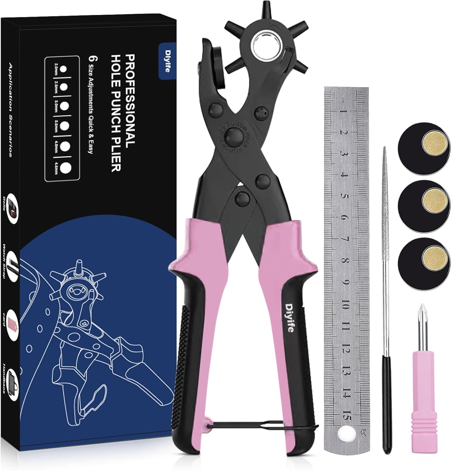 Diyife Professional Leather Hole Puncher, Full Set Punch Tool Kits for Belt, Watch Band, Shoe, Crafting, Handbag Straps, Fabric, with Extra Punch Plates and Ruler, Multi Hole Sizes Make - Blue