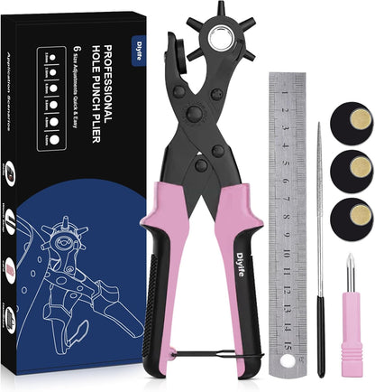 Diyife Professional Leather Hole Puncher, Full Set Punch Tool Kits for Belt, Watch Band, Shoe, Crafting, Handbag Straps, Fabric, with Extra Punch Plates and Ruler, Multi Hole Sizes Make - Blue