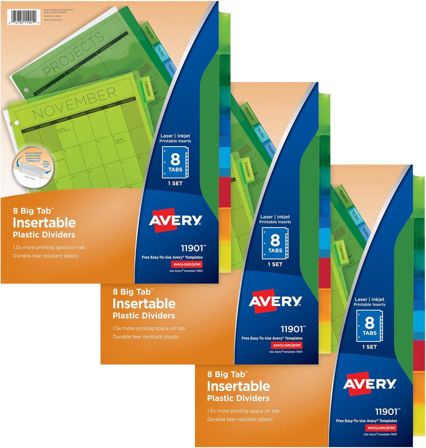 Avery Dividers for 3 Ring Binders, 8-Tab Plastic Binder Dividers, Insertable Big Tabs, Multicolor (3 Sets of 11901)