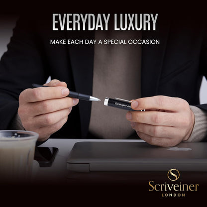 Scriveiner Black Rollerball EDC Luxury Pen, Stunning Pocket Pen with Chrome Finish, Cool Writing, Best Gift for Men & Women, German Schmidt Refill, Nice Present, Fancy Office Designer Set