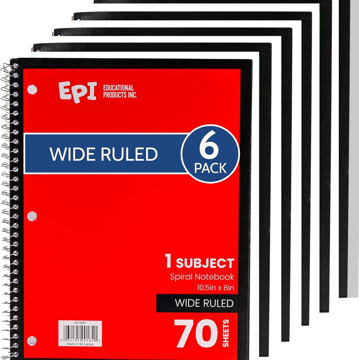 EPI Spiral Notebook | Wide - 70 Sheets, Durable Spiral Binding | 10.5 x 8 in | Classroom Supplies | School, Office, Note Taking, Journaling - 12 Pack